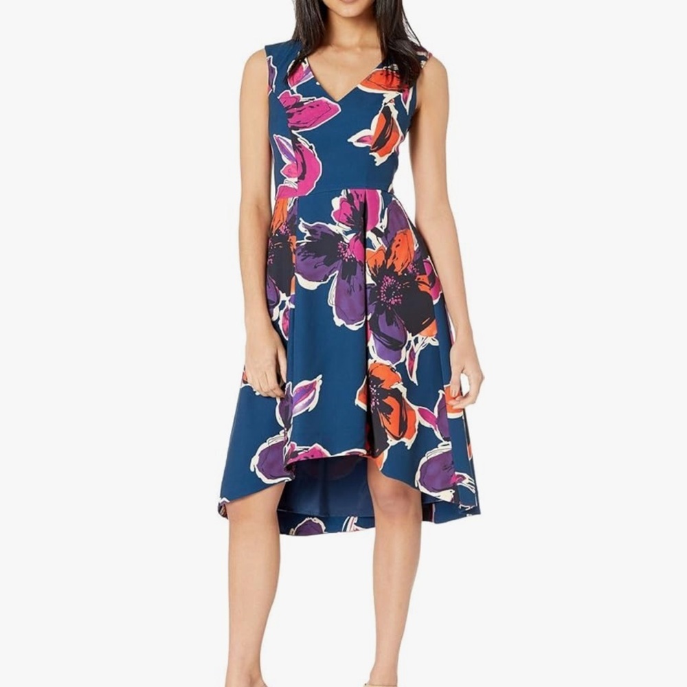 Trina Trina Turk Blue Floral Fitzgerald High Low Dress Size 0 Sleeveless Formal